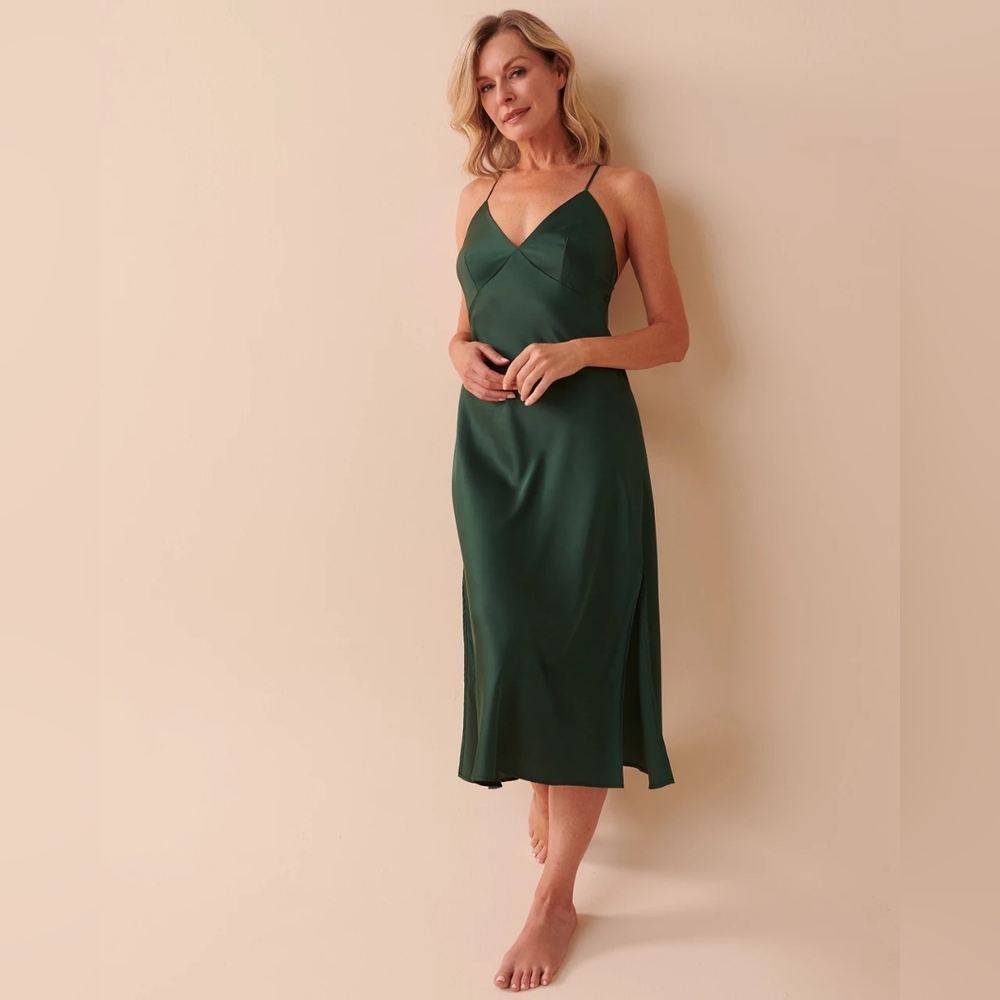 La Vie En Rose Green Satin Slip Dress